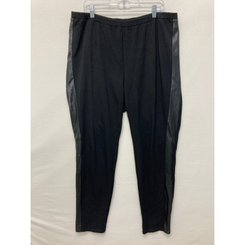 Eileen Fisher Leather Trim Slim Pants 2X Black Italian Fabric Stretch